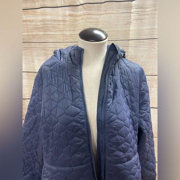 Quilted navy blue zipper hoodie jacket - Picture 1 of 10